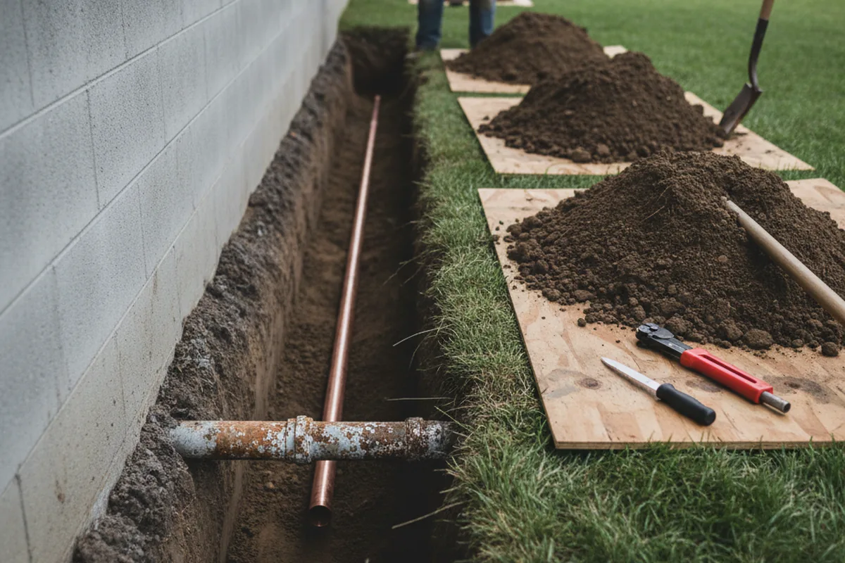 Excavated water line trench during Sewer Line Repair in Pitcairn